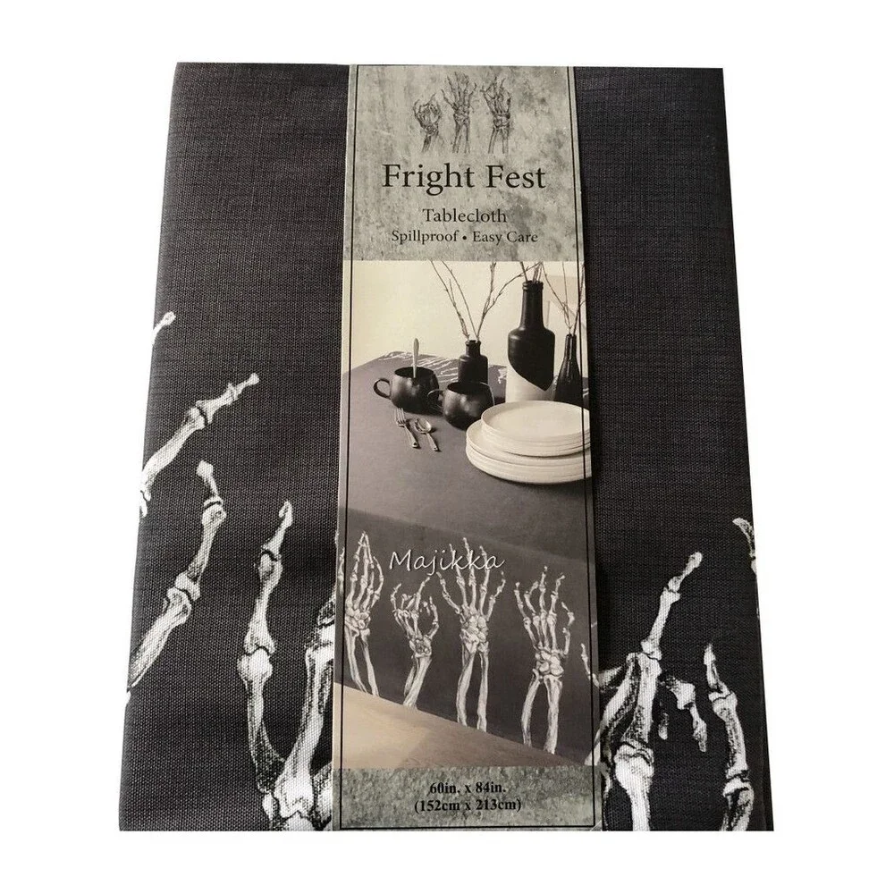 Halloween Tablecloth Fabric Fright Fest Skeleton Hands Border Black White 60x84